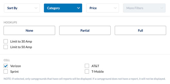 campendium's cell service filter