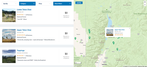 filtered search results on Campendium