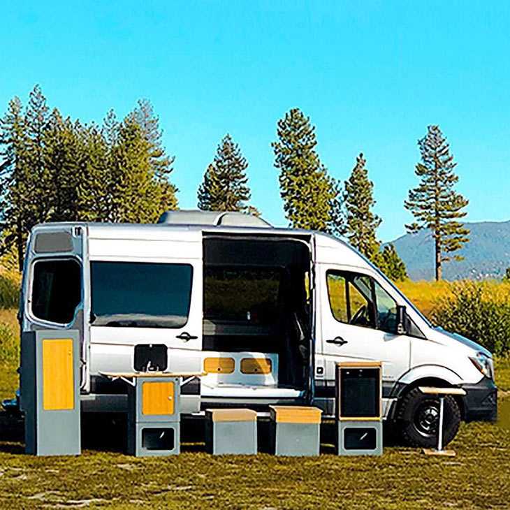 sneak peek at the Adaptiv for Vans concept, several of the components placed inside and out of a Sprinter van