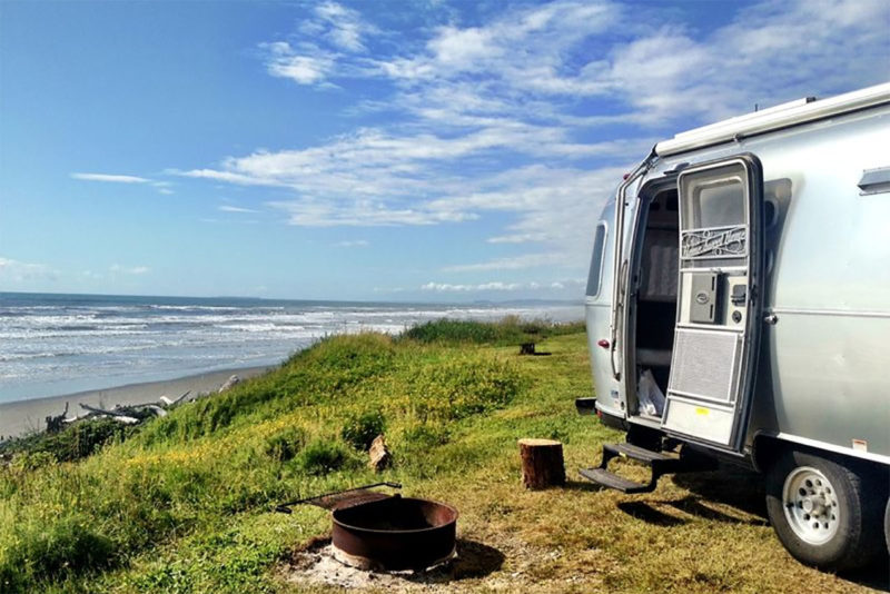 An Airstream camping at South Beach Campground
