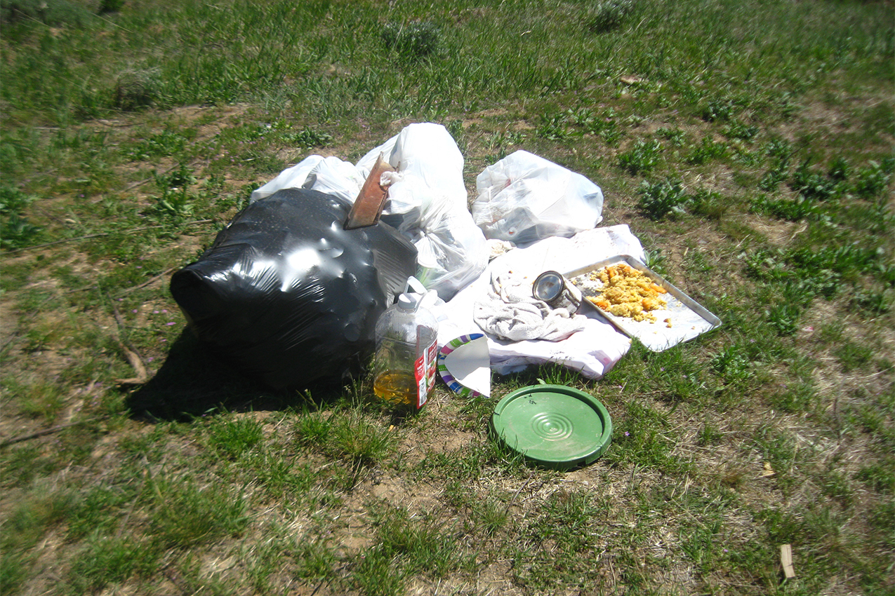Bags of trash left at a campsite.