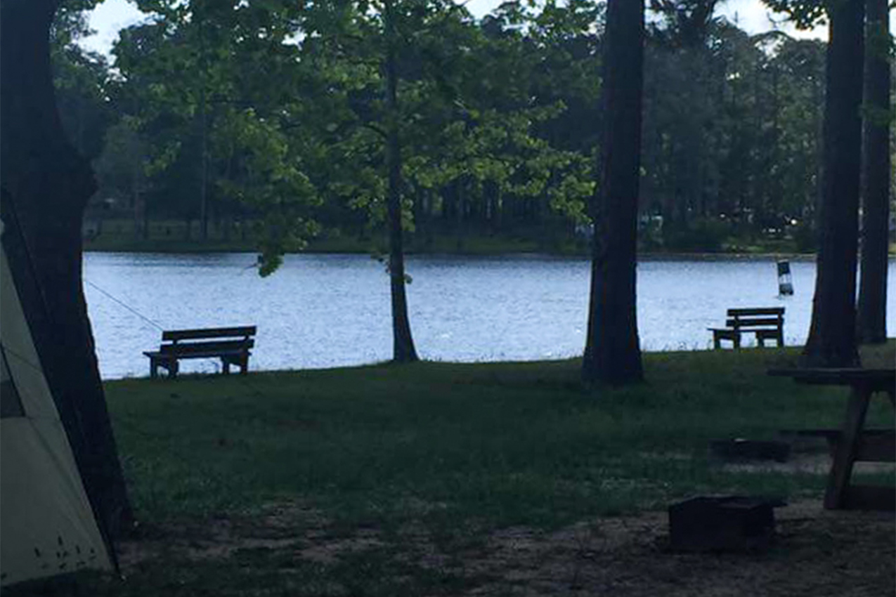 Lake with beaches surrounded by trees.