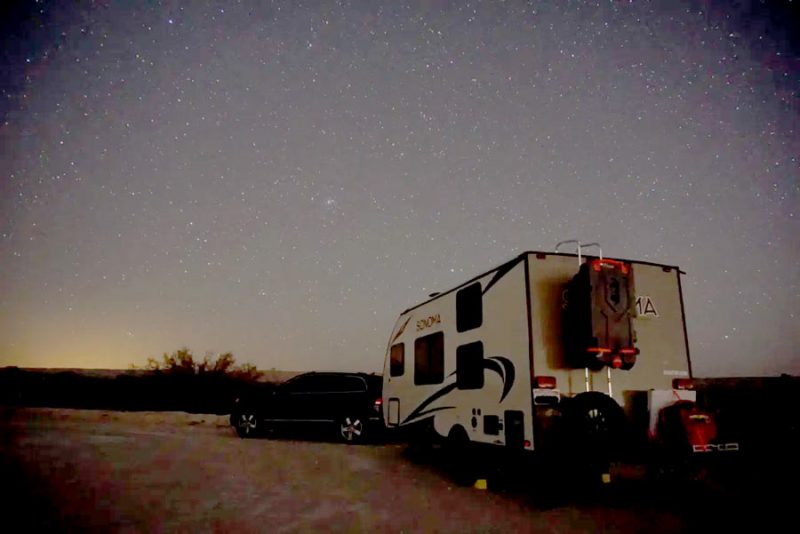 an RV camping at night