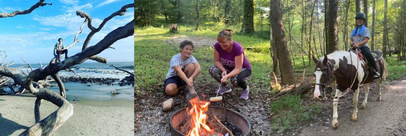 three photos of mother and son enjoying life at the beach, at a campfire and on horseback