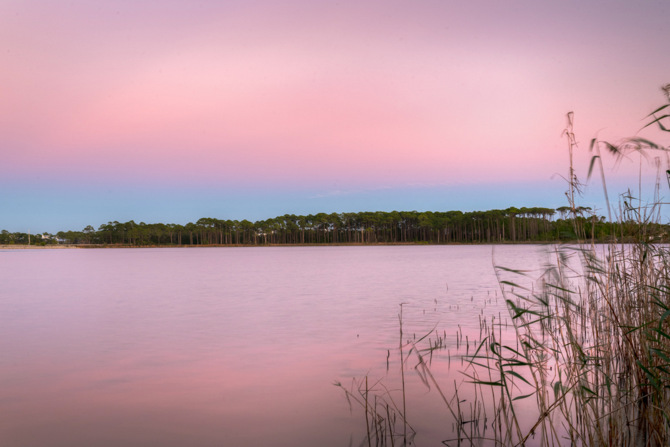 Pink sky and reflection on the water.