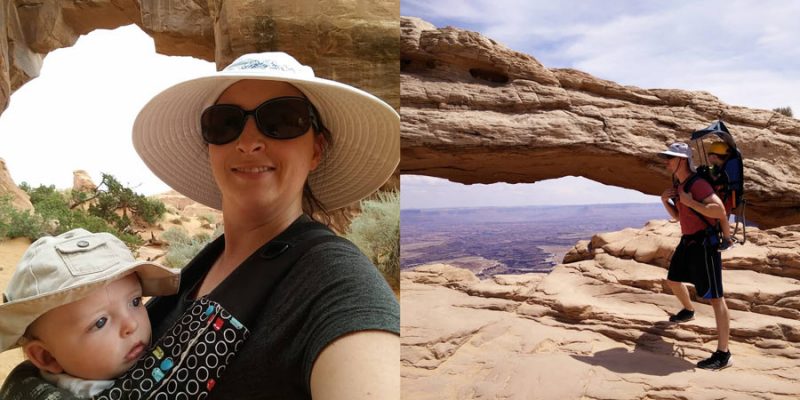 mom and dad carry their young boys around arches national park
