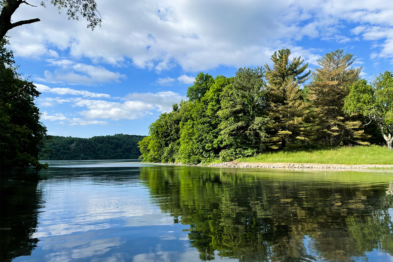Blue skies and lake.
