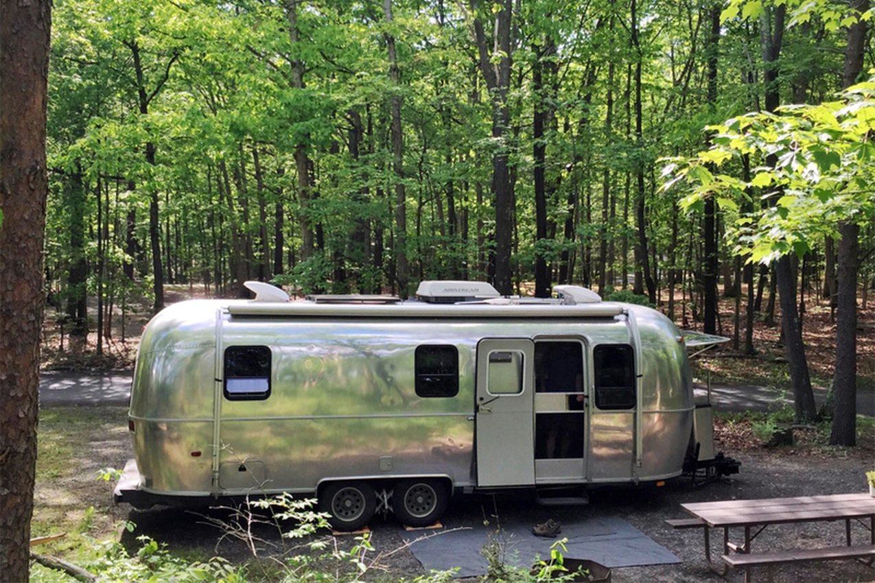 Airstream parked in the woods.