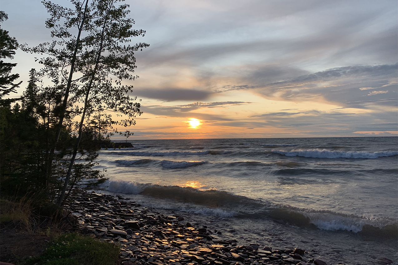 View of a lake at sunset.