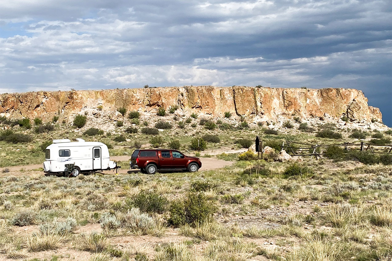 RV parked in the desert.