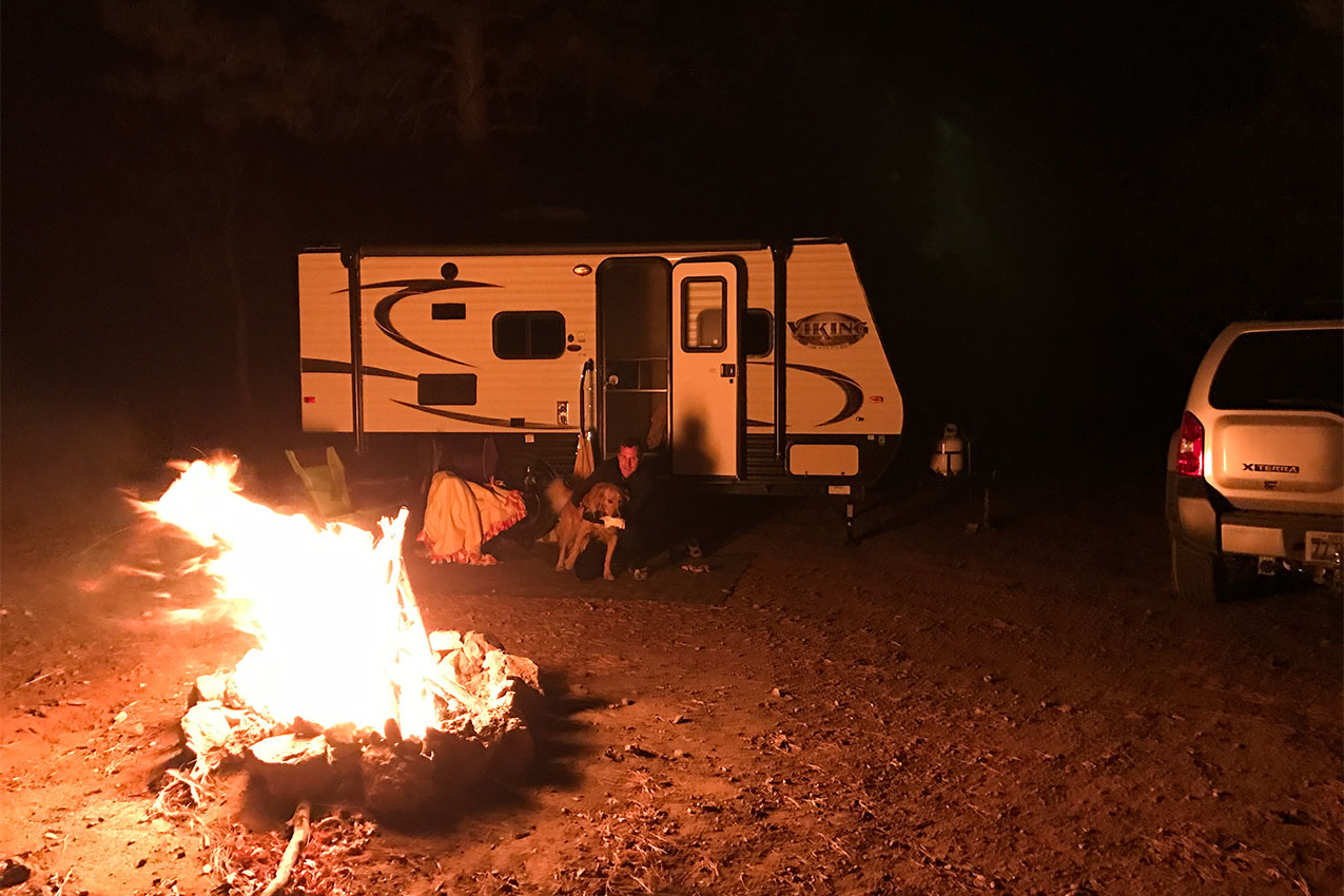 Man and dog sitting near a large campfire.