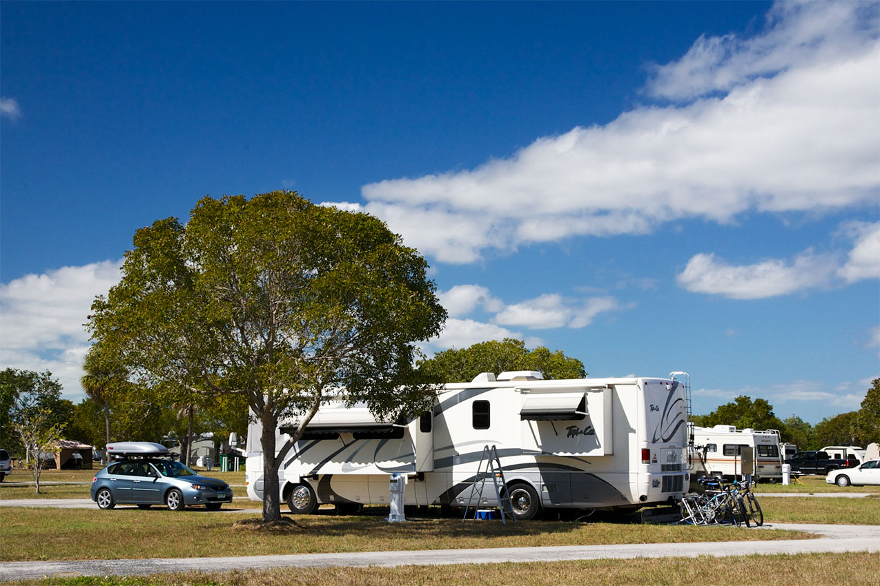 Class A parked at a campground next to a tree.