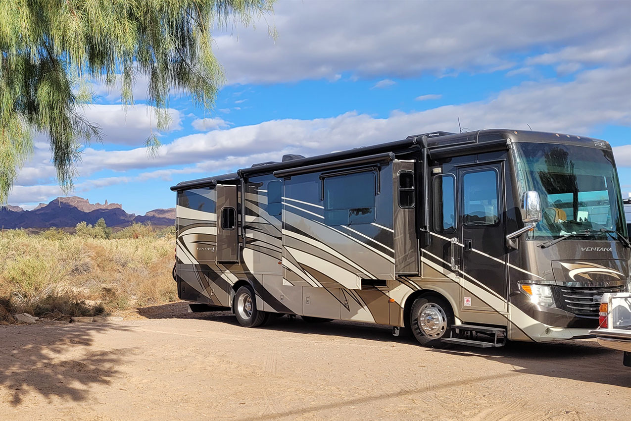 Class A parked under a tree with mountains in the background.