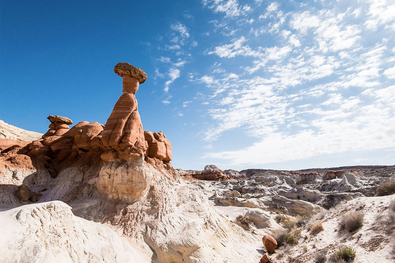Red and white natural formation of a toad stool against a blue sky.