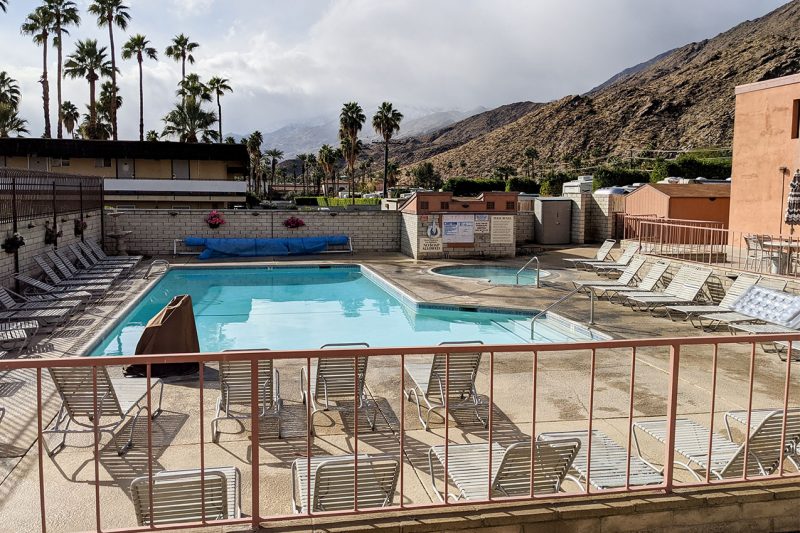 Pool with lounge chairs and palm trees.