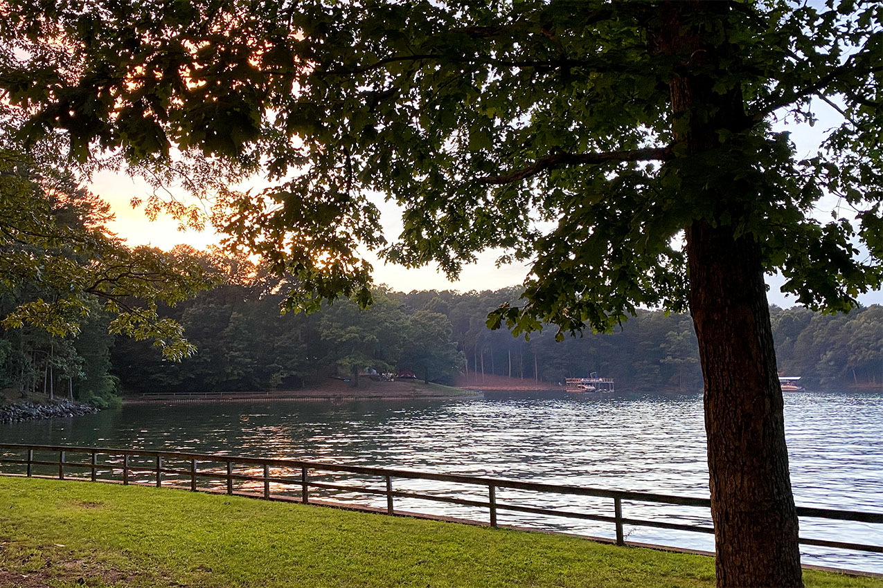 Grass field with a fence by a lake.