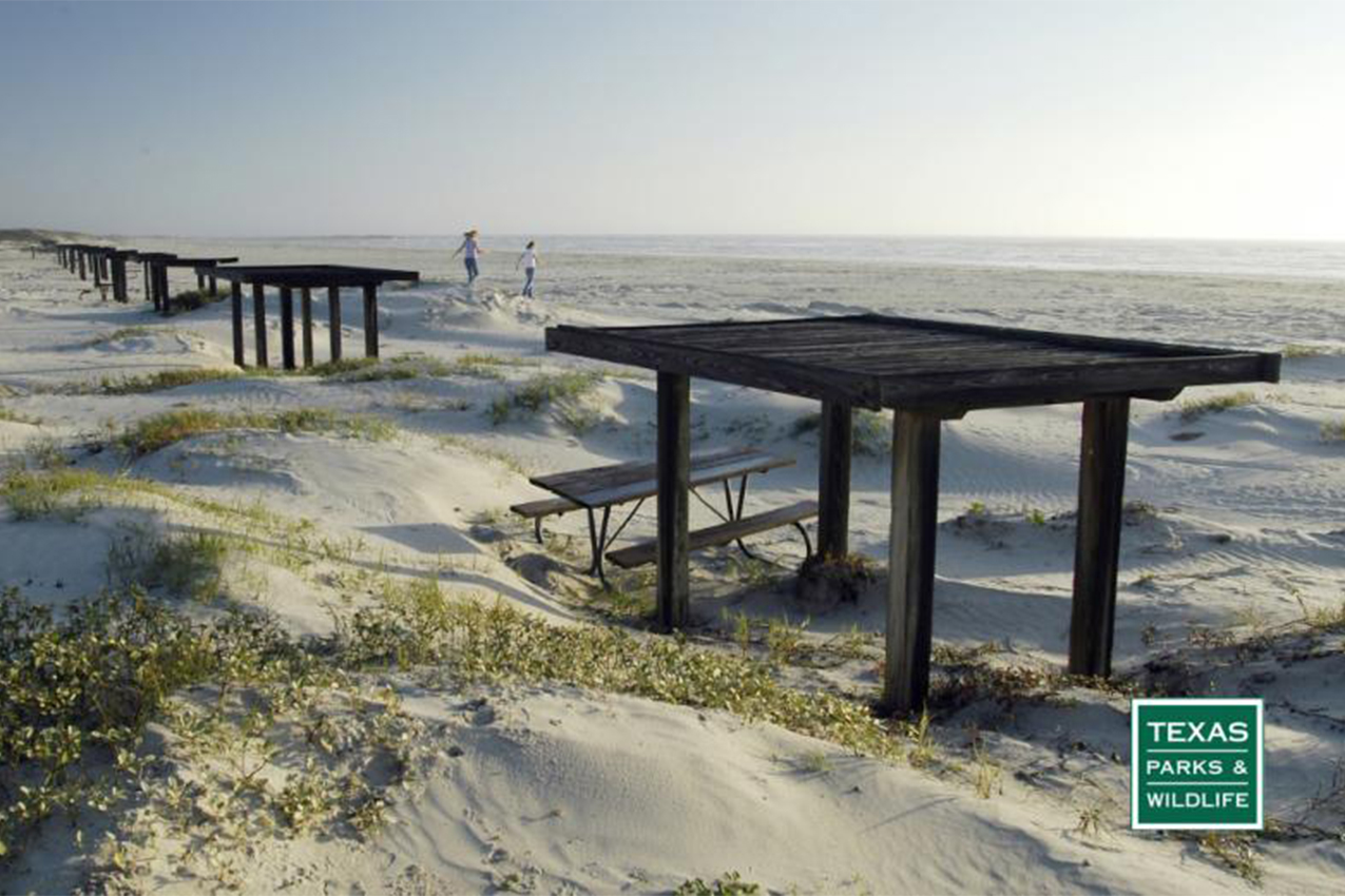 A line of wooden picnic shelters along the beach.
