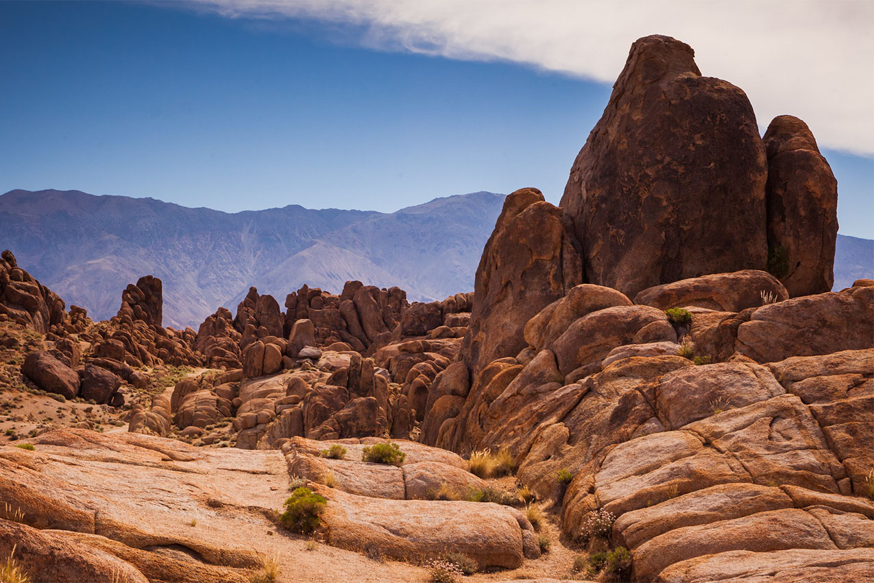 Large rounded rocks standing vertically and laying in piles scattered across an area.