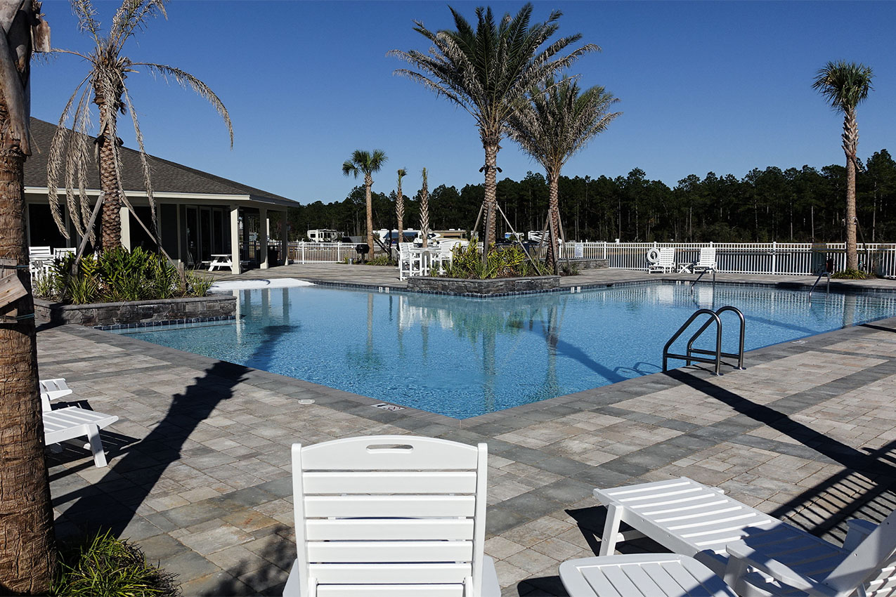 Pool with palm trees and lounge chairs surrounding it.