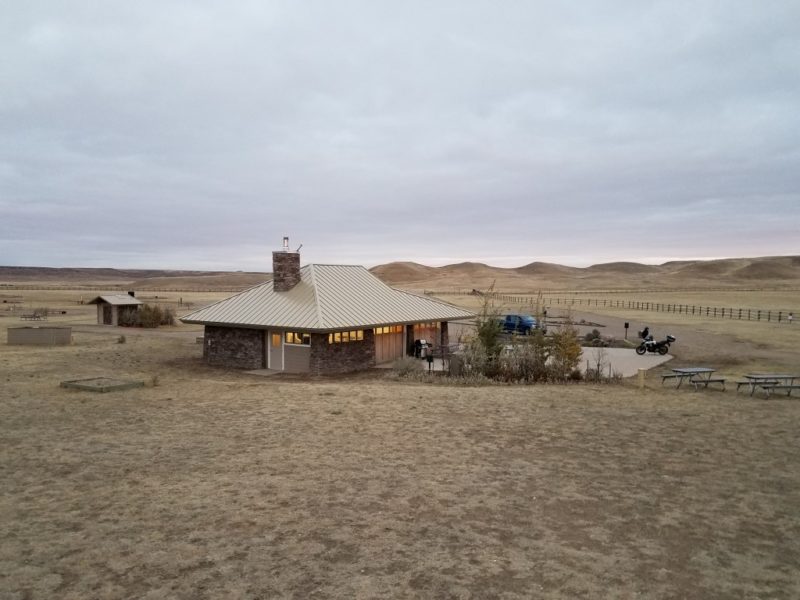 Campground shelter among grasslands