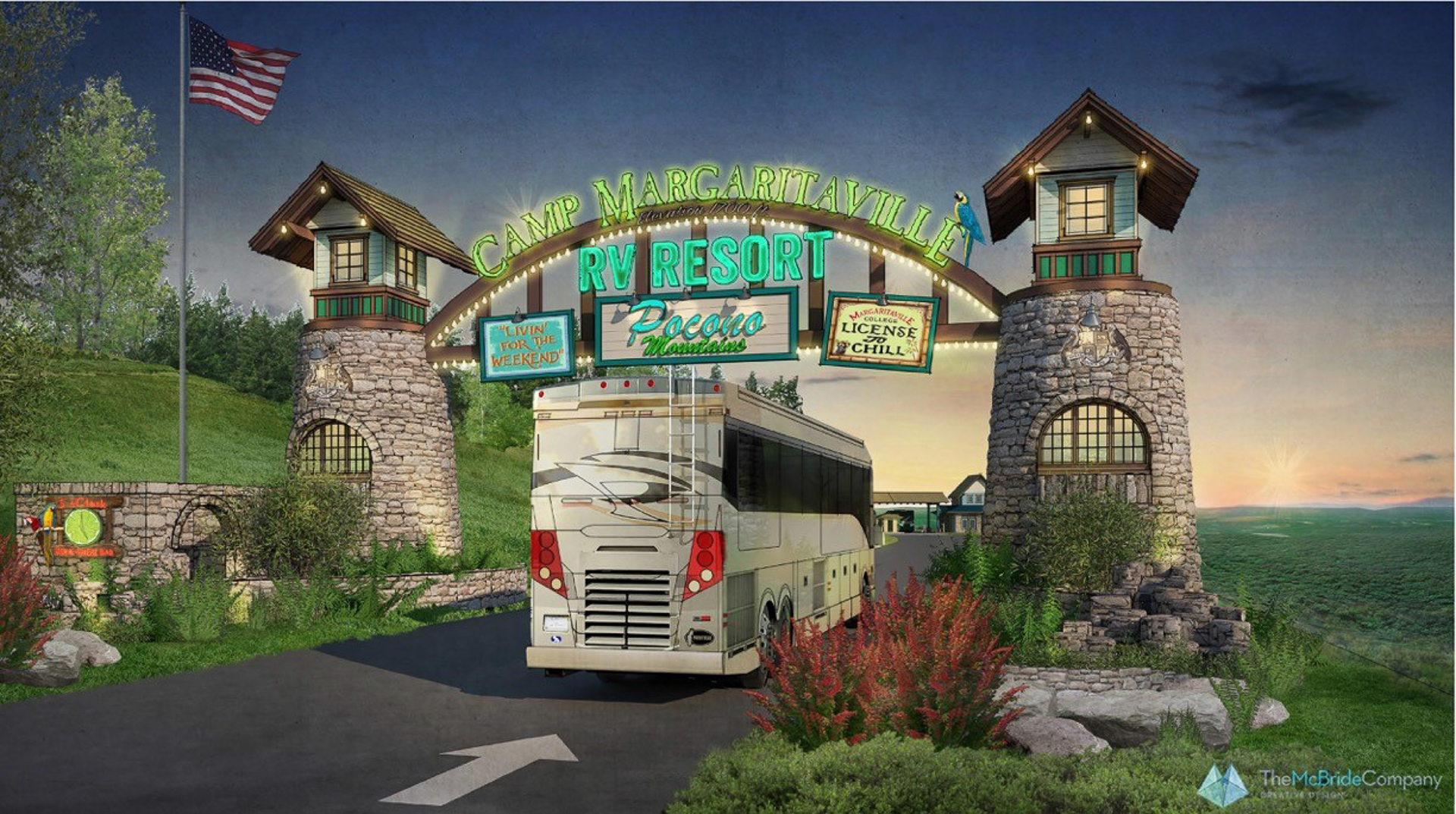Drawing of RV going through gate entrance at campground