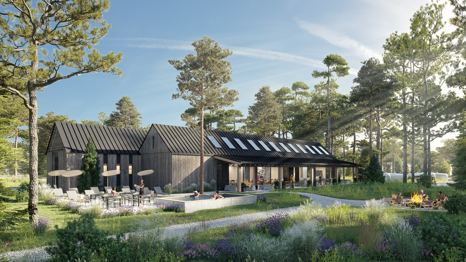 Rendering of luxury campground clubhouse with hot tub and lawn chairs