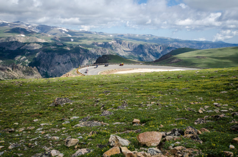 Unidentified motorcyle riders drive up the twisty roads of the Beartooth Pass Highway in Montana