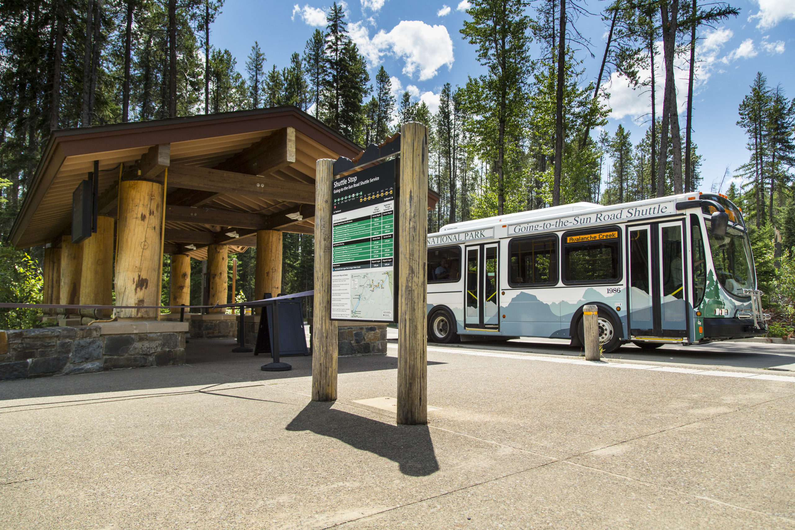 Shelter for shuttle bus waiting area in national park on a sunny day