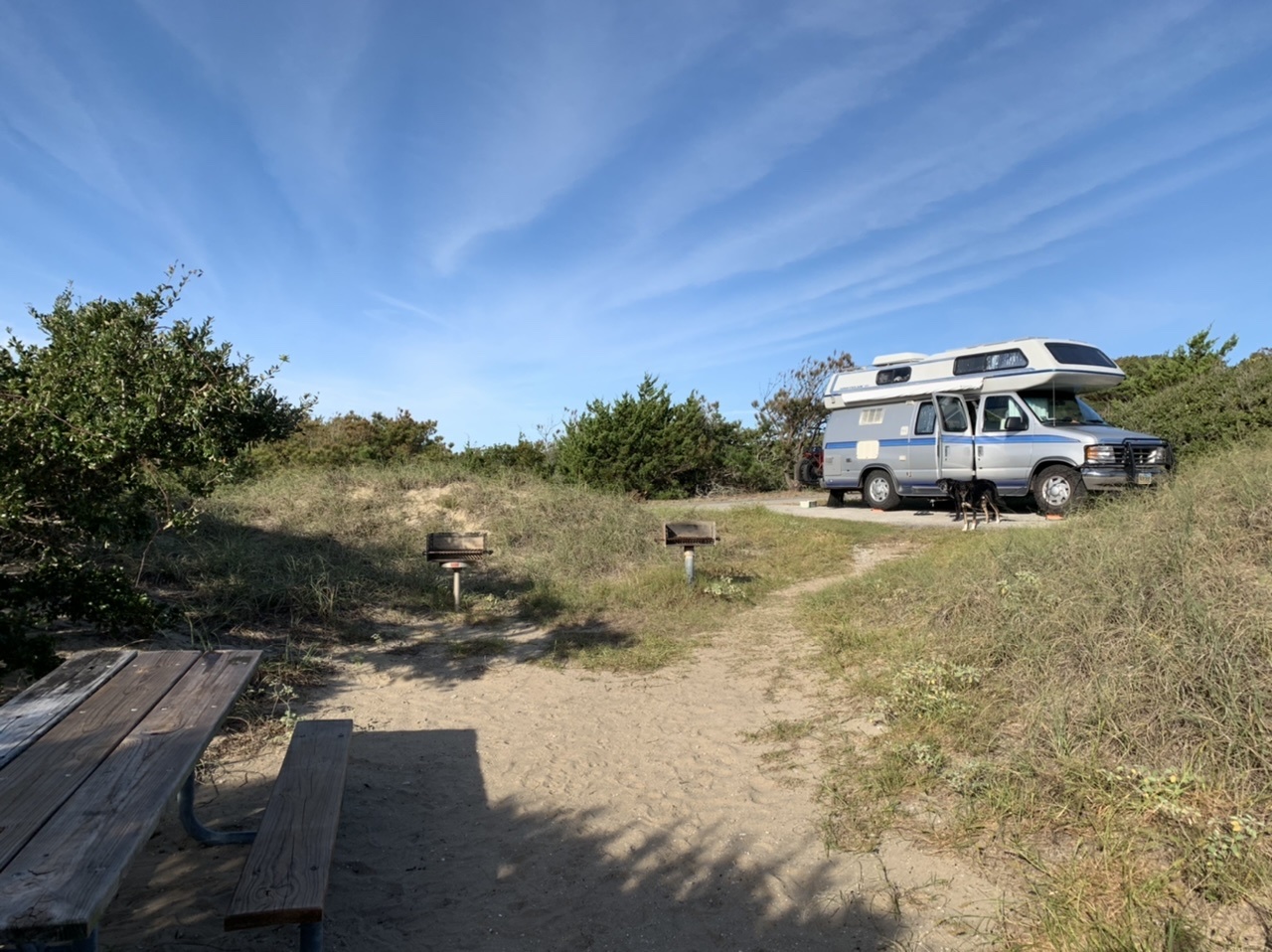 Camper parked in a wooded and sandy area at a campsite in North Carolina