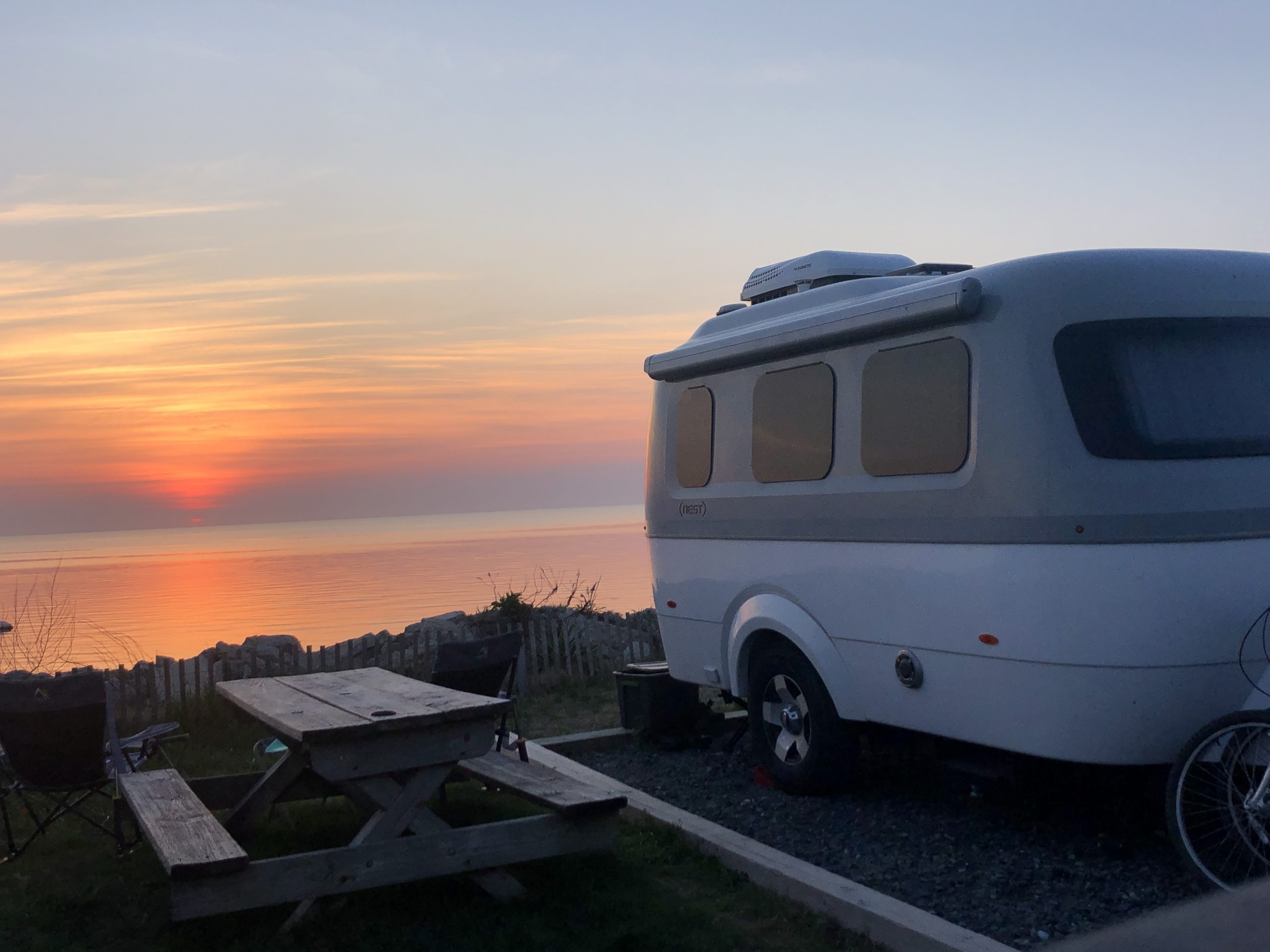 Travel trailer parked at a campsite off of the Outer Banks Scenic Byway