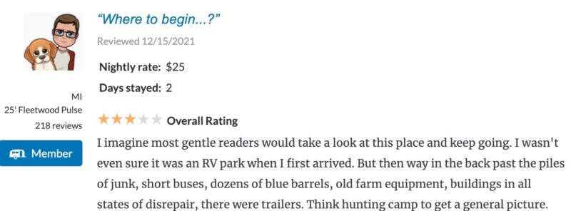 Bad review for a campsite that did not meet the camper's expectations.