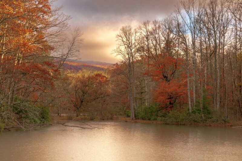 Lake surrounded by a forest area with fall colors at Hungry Mother State Park in Virginia.