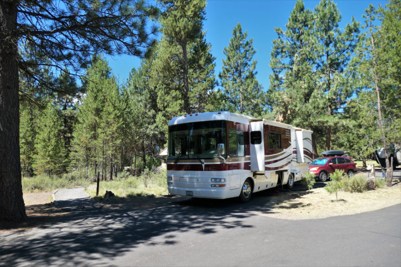 an RV is parked at a shady campsite