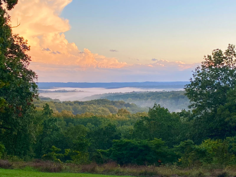 a scenic overlook with pink clouds and misty mountains