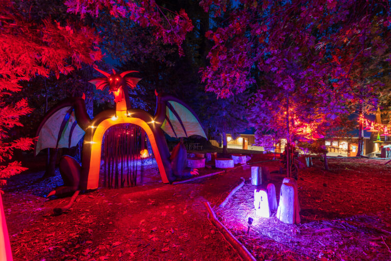 a spooky halloween display outdoors at night