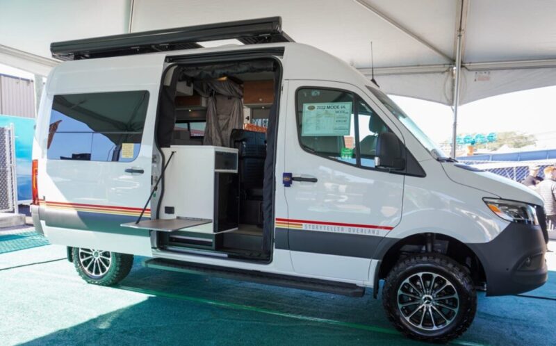 Exterior of a white Class B RV.