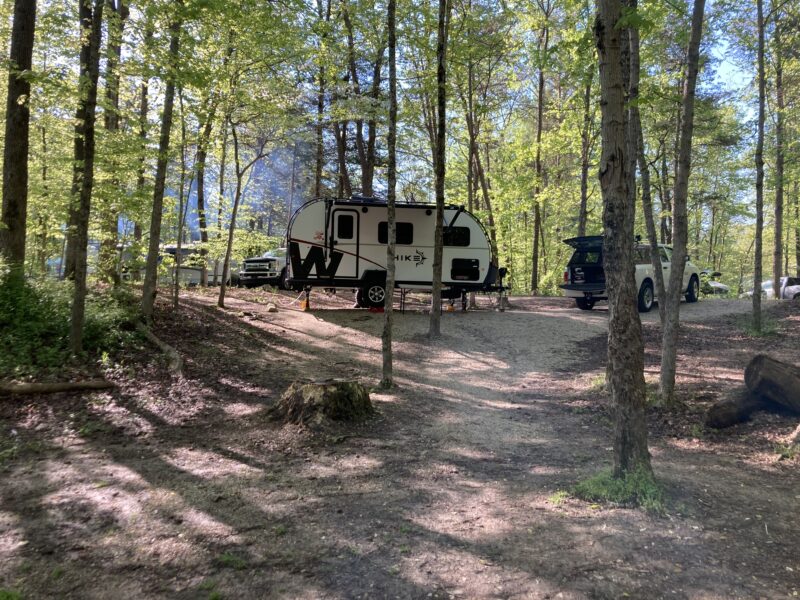 A small Winnebago travel trailer is parked in a sizeable campground space amid trees.
