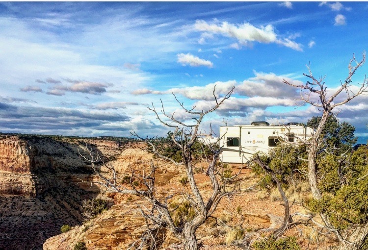 An RV stands backed up to a large canyon overlook